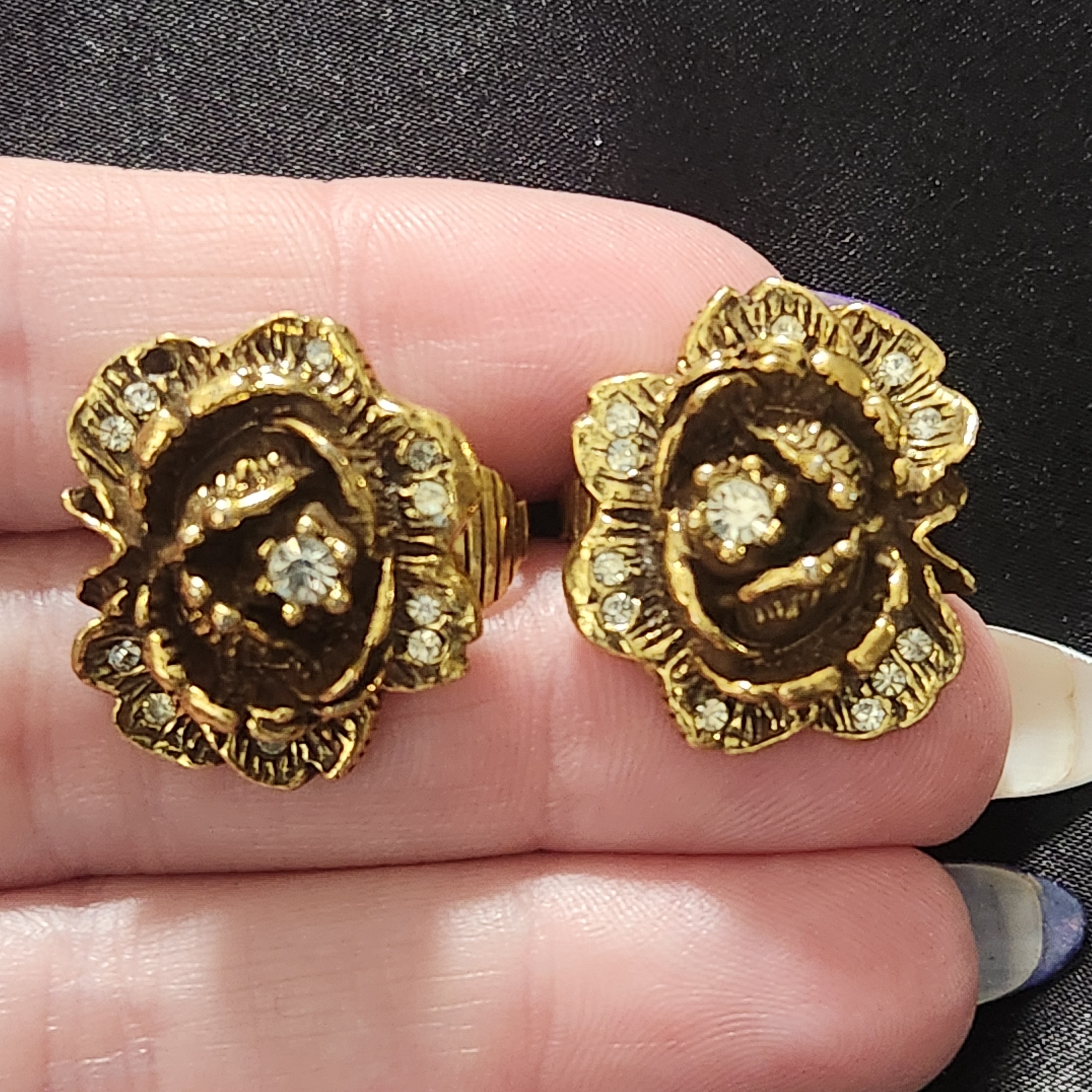 Vintage Goldette Gold-Tone Rose Crystal Clip-On Earrings